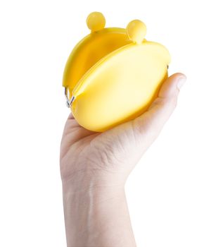 Hand holding an empty coin purse, white background.