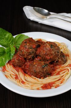 Meatballs with herbs and tomato sauce with spaghetti