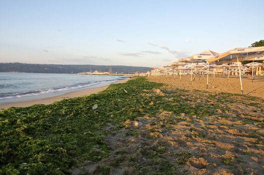 An early morning at sunrise on the beach of Varna, on the Black Sea