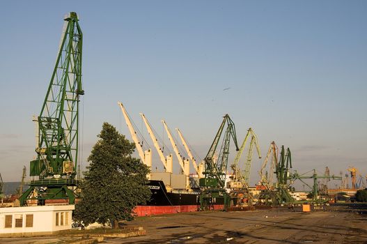 An early morning at sunrise in the port of Varna, on the Black Sea