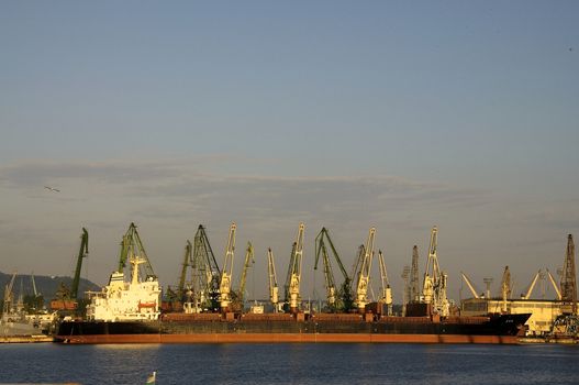 An early morning at sunrise in the port of Varna, on the Black Sea