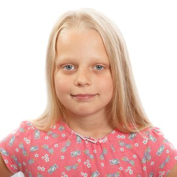 A young blond girl in a pink dress