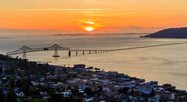 An overlook of Astoria, Oregon from the hill above town. Looking down on the meeting of the Columbia River and the Pacific Ocean.