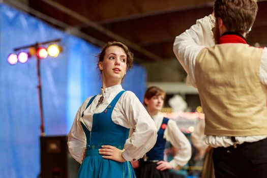 Astoria, Oregon, USA - June 21, 2014:  Young dancers from LEIKARRINGEN of Portland perform Scandinavian dance at  Midsummer Festival.