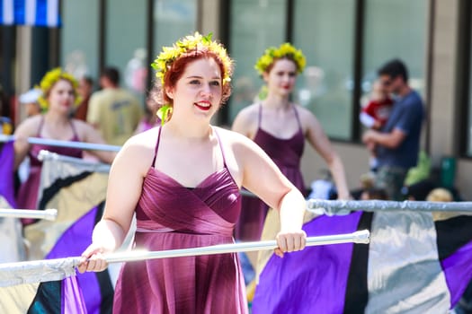 Portland, Oregon, USA - JUNE 7, 2014: Columbia River High School Marching Band in Grand floral parade through Portland downtown.