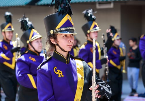 Portland, Oregon, USA - JUNE 7, 2014: Columbia River High School Marching Band in Grand floral parade through Portland downtown.