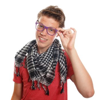 A classy teenage hipster boy with a scarf and glasses