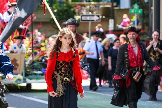 Portland, Oregon, USA - JUNE 7, 2014: Character Clown Corps in Grand floral parade through Portland downtown.