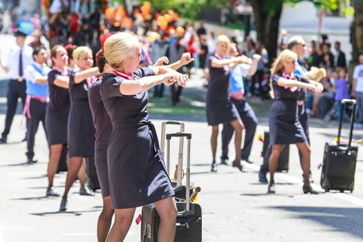 Portland, Oregon, USA - JUNE 7, 2014: Alaska Airlines Float in Grand floral parade through Portland downtown.