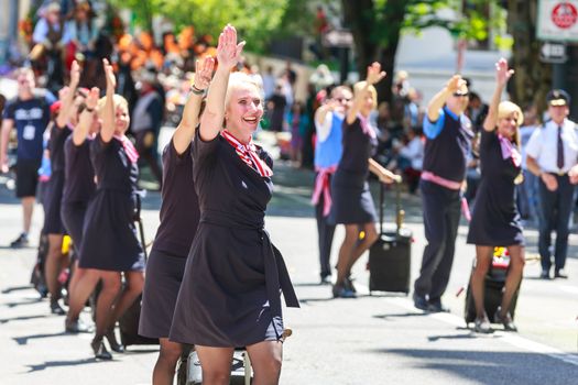 Portland, Oregon, USA - JUNE 7, 2014: Alaska Airlines Float in Grand floral parade through Portland downtown.