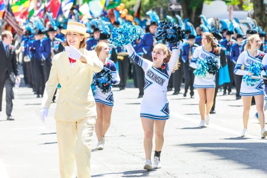 Portland, Oregon, USA - JUNE 7, 2014: Hockinson High School Marching Band in Grand floral parade through Portland downtown.