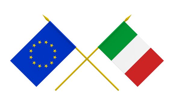 Flags of Italy and European Union, 3d render, isolated on white