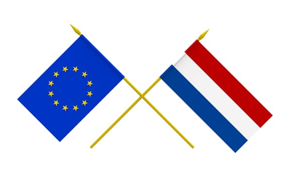 Flags of Netherlands and European Union, 3d render, isolated on white