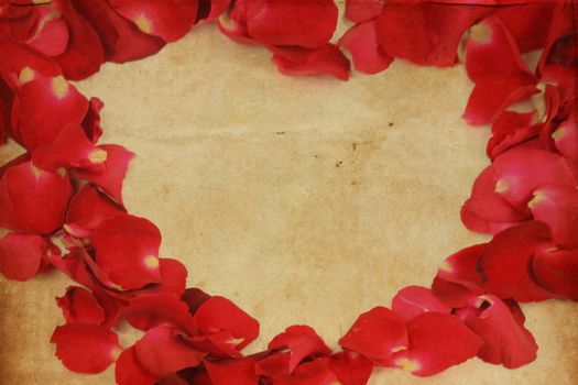 Frame of rose petals on vintage paper background close-up, Filtered Images
