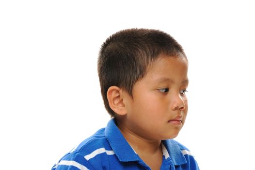 Asian boy wearing blue shirt, profile view of face
