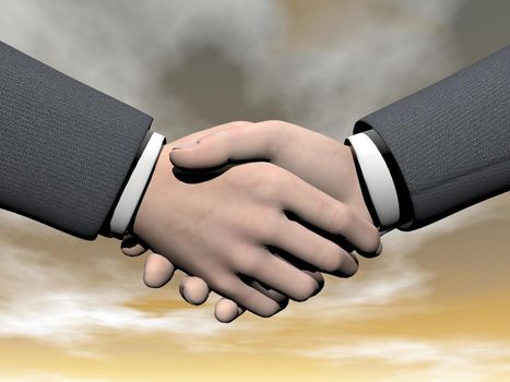 Businessman handshake by beautiful brown sunset with clouds