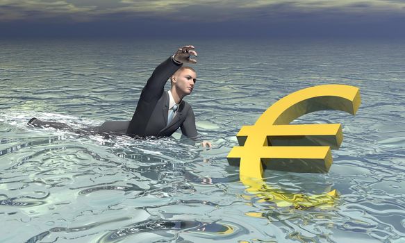 Businessman and golden euro sinking in the water by grey cloudy day