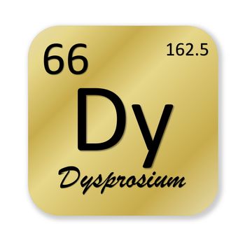 Black dysprosium element into golden square shape isolated in white background