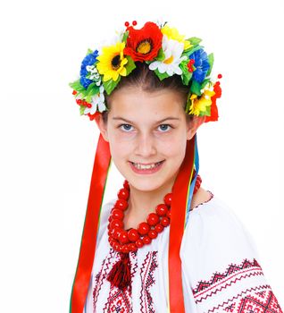 Portrait of happy cute girl in the Ukrainian national costume. Isolated white background