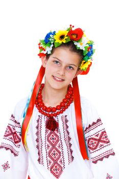 Portrait of happy cute girl in the Ukrainian national costume. Isolated white background