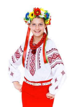 Happy cute girl in the Ukrainian national costume. Isolated white background