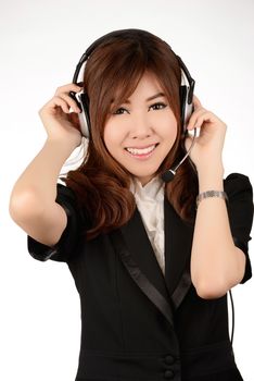 Portrait of a smiling happy business woman call center operator