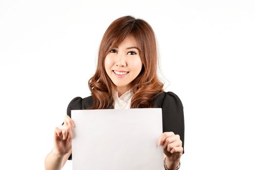 Business woman hold white banner. Young professional worker.