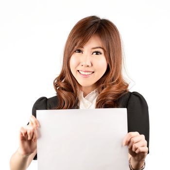 Business woman hold white banner. Young professional worker.