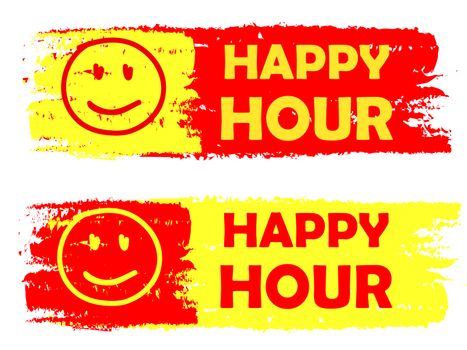 happy hour with smile signs banners - text in yellow and red drawn labels with symbols, business commerce shopping concept