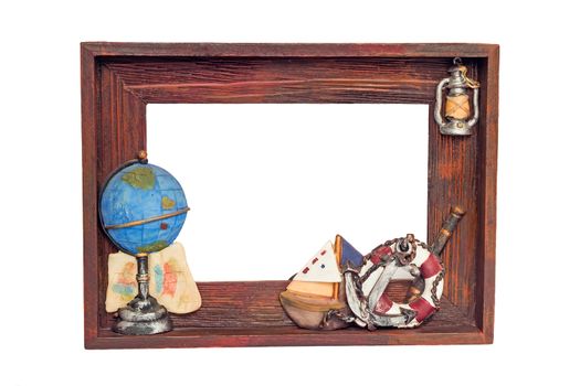 Wooden frame for pictures, the photos, decorated with details on voyages. It is presented on a white background.