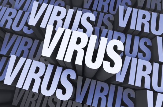 A 3D blue gray background filled with the word "VIRUS" repeated many times a different depths.
