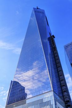 New World Trade Center Glass Building Skyscraper Blue Clouds Reflection New York City NY 