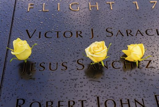 911 World Trade Center Memorial Jesus Names White Roses Landmark New York NY.  