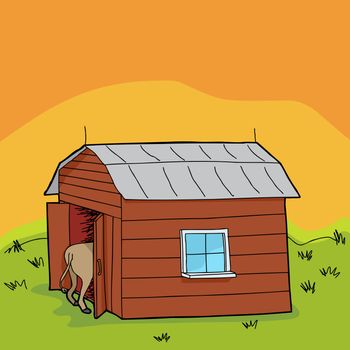 Rural scene with barn and animal rear end