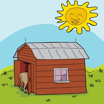 Happy sun shining above animal in barn