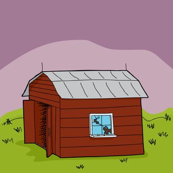 Abandoned cartoon wooden barn with tin roof
