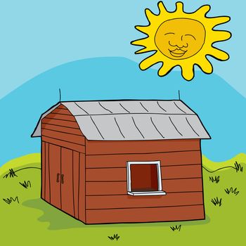 Smiling sun over barn with open window and counter