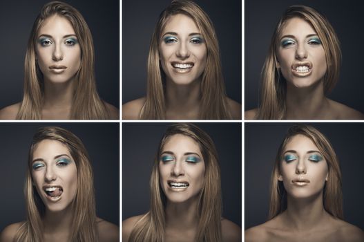 Six portraits of sexy young woman in different expressions against blue background