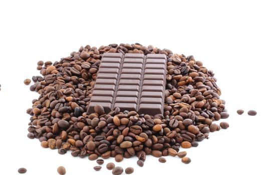 coffee beans and chocolate on a white background