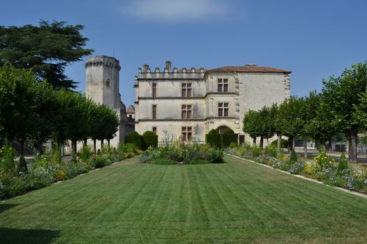 Garden and Renaissance part of the Bourdeilles castle, France