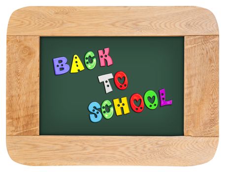 colorful letters with back to school with wood frame isolated on white background