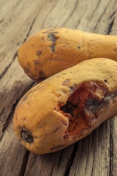 Closeup of moldy papaya fruit on wood background