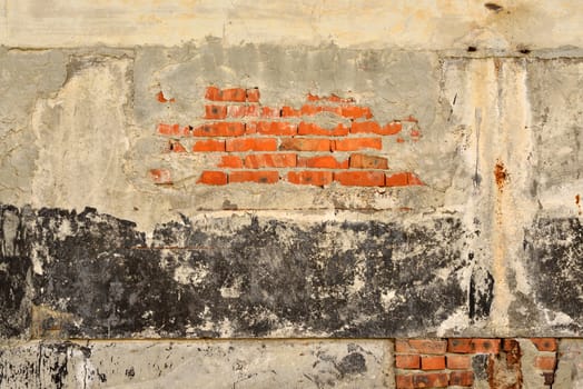 Old, cracked surface of concrete and bricks. Close up