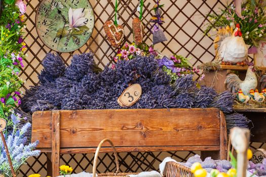 Close up of lavander flowers bouquet on the wooden box