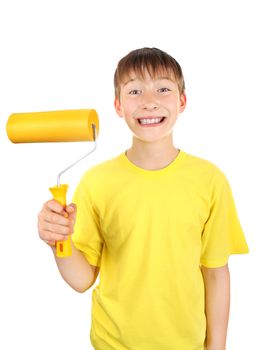 Cheerful Kid with Paint Roller Isolated on the White Background