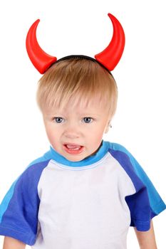 Naughty Baby Boy with Devil Horns on the Head Isolated on the White Background