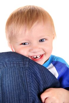 Parent holding Happy Baby Boy Isolated on the White Background