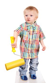 Baby Boy with Paint Roller Isolated on the White Background