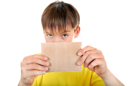 Kid showing Blank Cardboard Close-up on the White Background