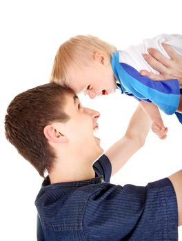 Happy Young Father and Baby Isolated on the White Background